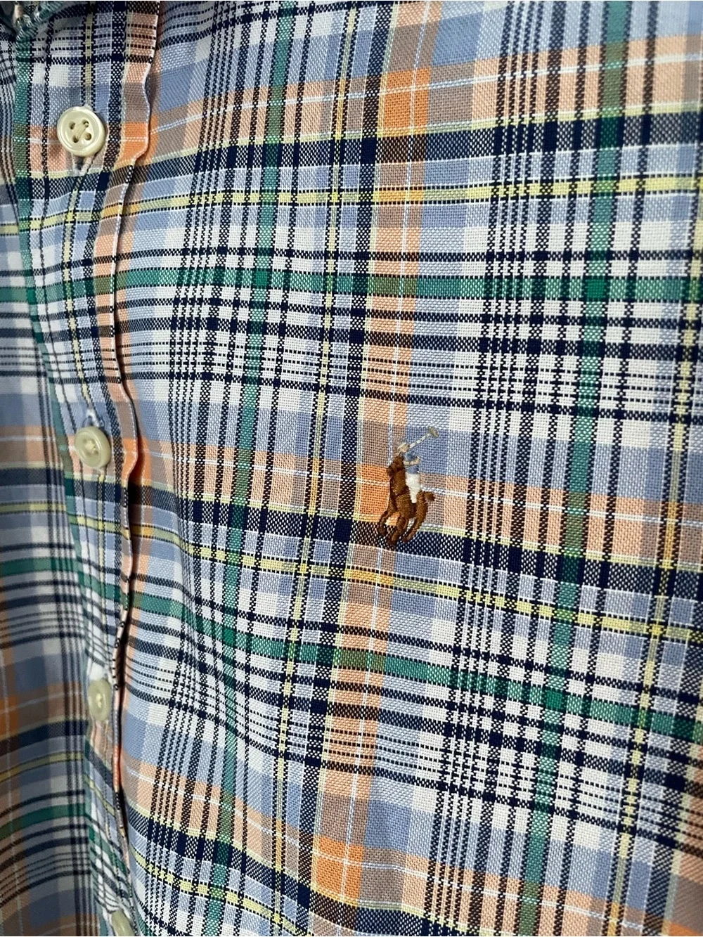 Ralph Lauren Boys Size 12 Plaid Button Down Shirt Blue Green Orange 100% Cotton